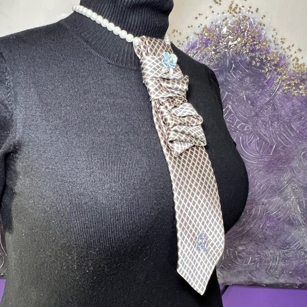 Up-cycled Blue, Taupe and Orange Woman Necktie With Blue Flower Brooch
